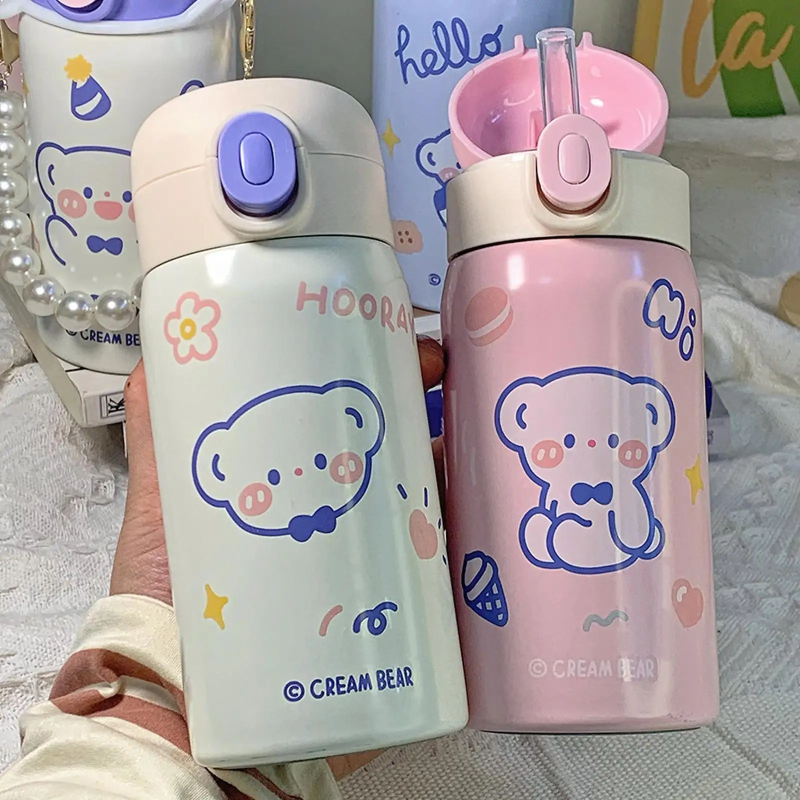 

450ml Cartoon Steel Vacuum Flask With Straw Portable Tumbler Thermocup Thermal Bottle Cute Travel Water Mug I4h4