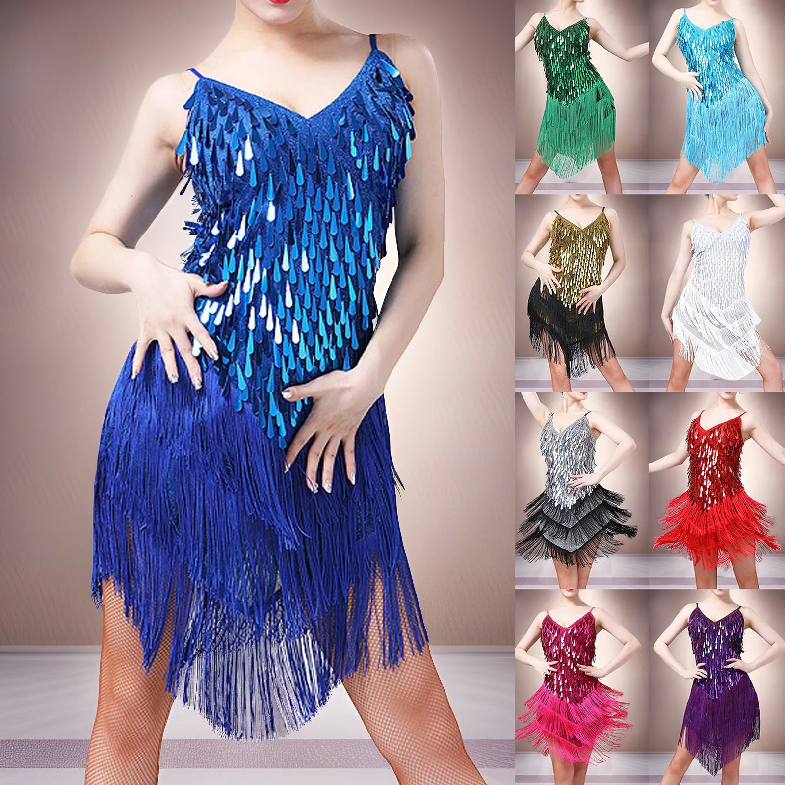 Платье для латинских танцев костюмы соревнований юбка с блестками и кисточками