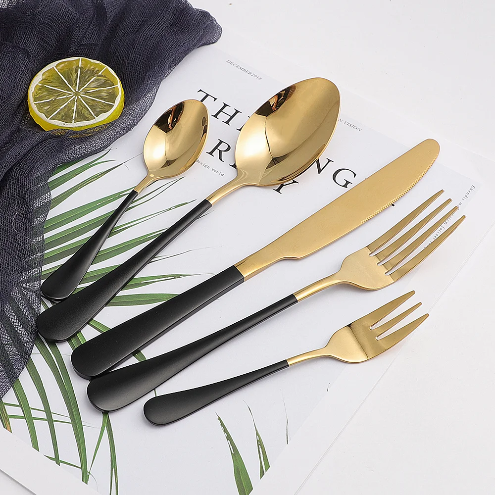 

5Pcs/1Set Dishwasher Safe Tableware Set Black Gold Cutlery Set Stainless Steel Dinnerware Set Knife Fork Spoon Dessert Flatware