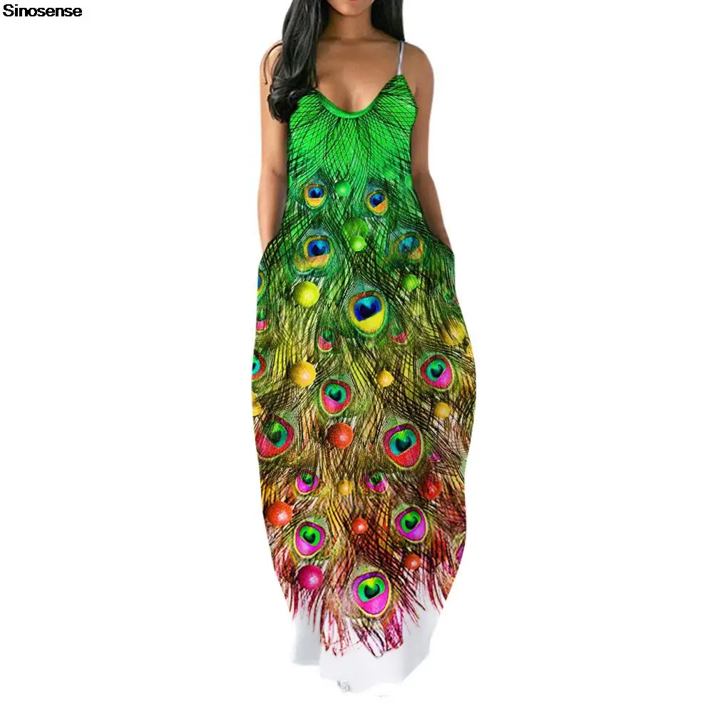 

Womens Loose Long Maxi Dress With Pockets Vintage Peacock Feather Printed V Neck Spaghetti Strap Beach Vacation Summer Dress