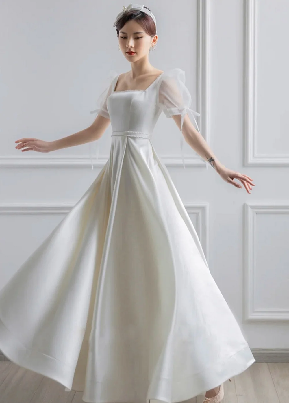 

Korea Puffy Sleeve Satin Wedding Dress 2023 Ruched Square Neck Bride Gown Ankle Length Open Back Vestidos De Novia robe mariée