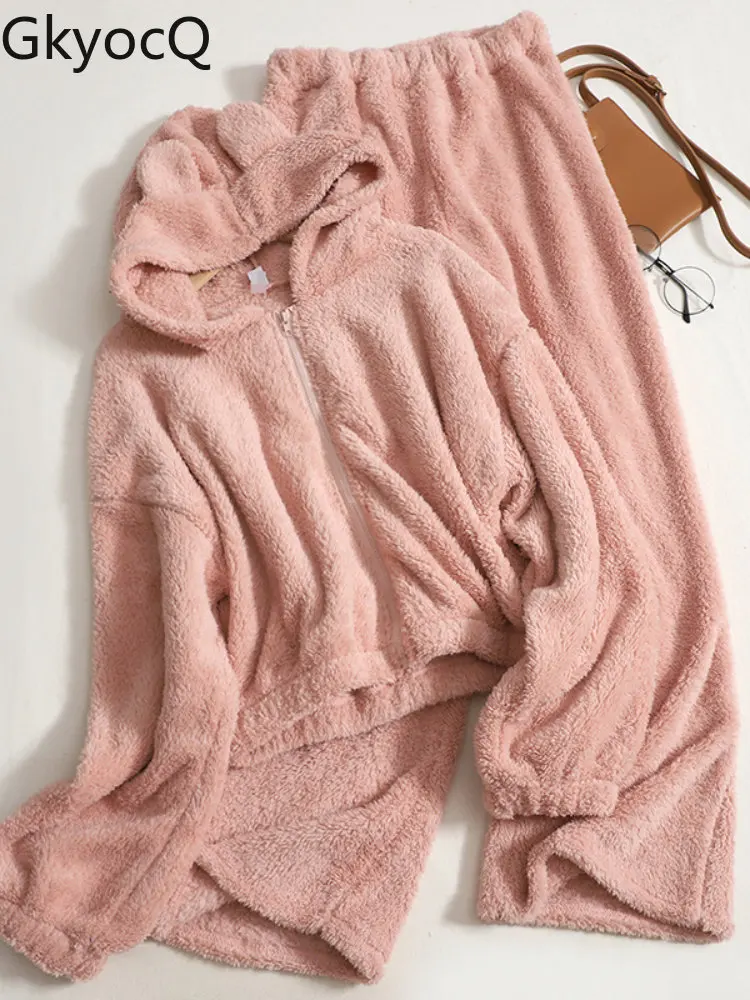 

Women Long Pants Pyjamas Set Cute Hooded Plush Zipper Hoodie Jacket Elastic Waists Wide Legs Pants Two-piece Set Solid Sleepwear