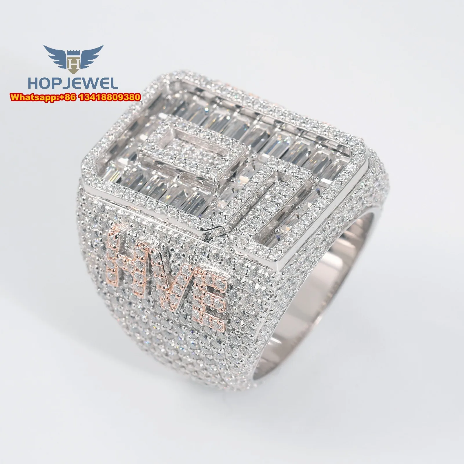 JEWE Custom Men's Ring Moissanite White Gold Numbers Full Iced Out S925 Emerald Cut Baguette VVS Diamond Hip Hop Rings for Women