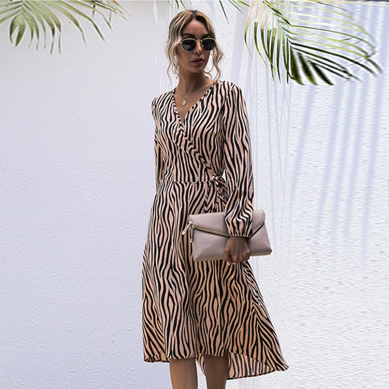

2022 Fashion Spring Zebra Stripes Women's Dress Casual Wrap Long Sleeve V Neck Ladies Midi Frocks High Waist Lace Up Dresses