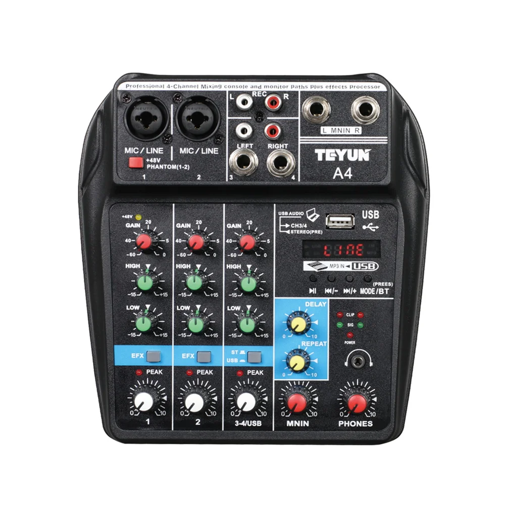 

Wireless 4-channel Audio Mixer Portable Sound Mixing Console USB Interface MP3 Computer Input 48V Phantom Power Monitor for Home