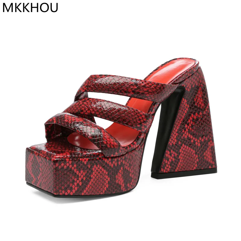 

MKKHOU Fashion Sandals Women New High-Quality Snake Pattern Thin Straps Square-toe Thick-Soled Slippers Summer Women Shoes
