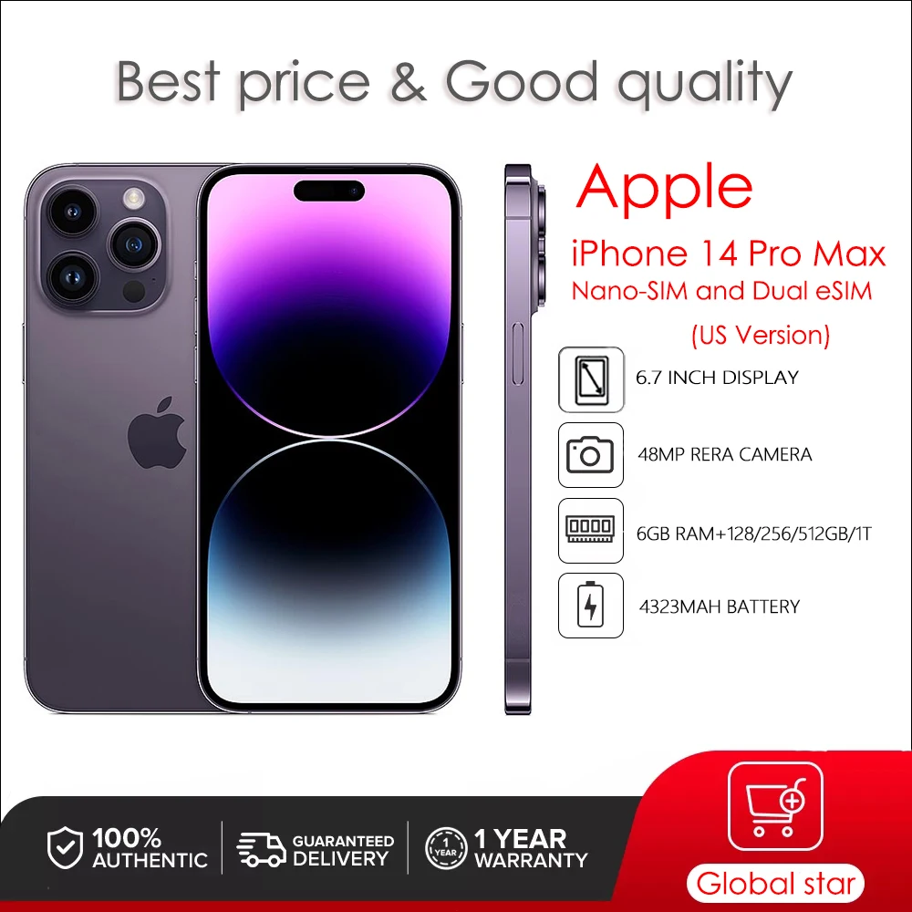 

Original Used Unlocked Apple iPhone 14 Pro Max 128/256/512GB 1TB ROM 6GB RAM Nano-SIM and 2 eSIM 6.7" Genuine Retina Face ID