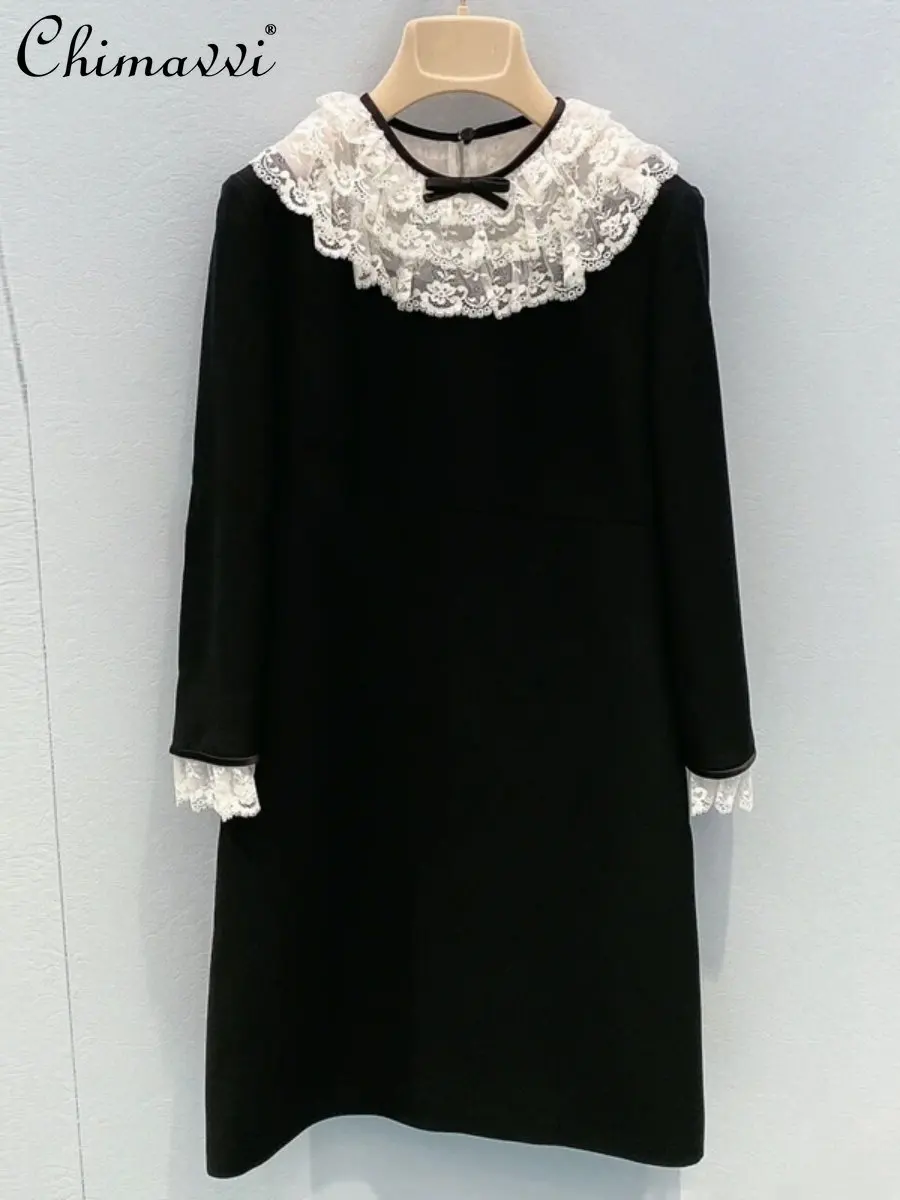 

Feminine New Lace Bow Dress 2022 Fall Winter Fashion Ruffled Black Slimming Long Sleeve Round Neck Elegant Dresses Women