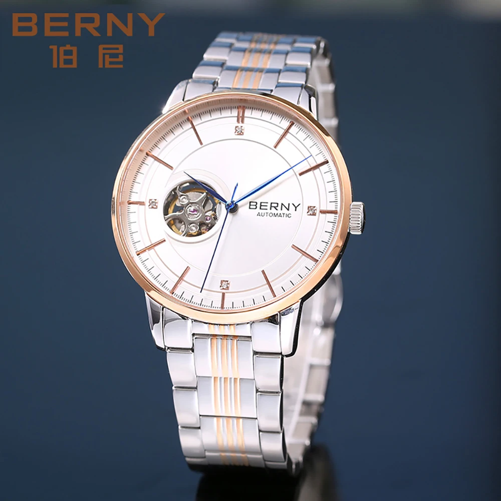 

BERNY Men Mechanical Wristwatch Skeleton Luxury Sapphire SEIKO NH38 Movt Dress Clock Exhibition Back Cover Automatic Watch for