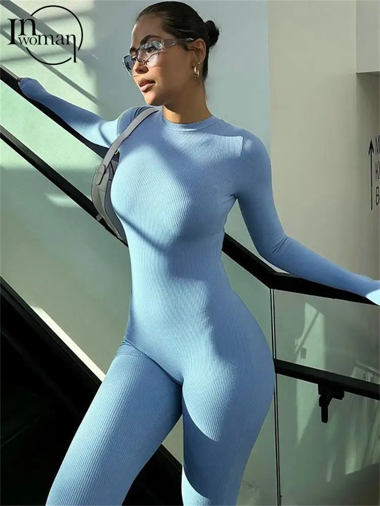 

Inwoman Sexy O Neck Black Long Sleeve Jumpsuits Vacation Casual For Women 2023 Blue Bodycon Jumpsuits Antumn Fashion Jumpsuits
