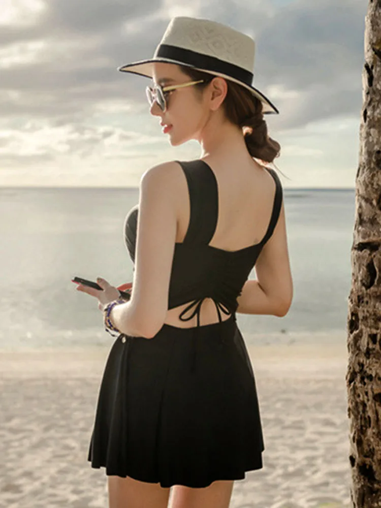 

Black Korean Japan Swimsuit Women Breasts Gather Swimsuits Sexy Steel Plate Conservative Split Skirt Boxer Swimwear Swim Dress