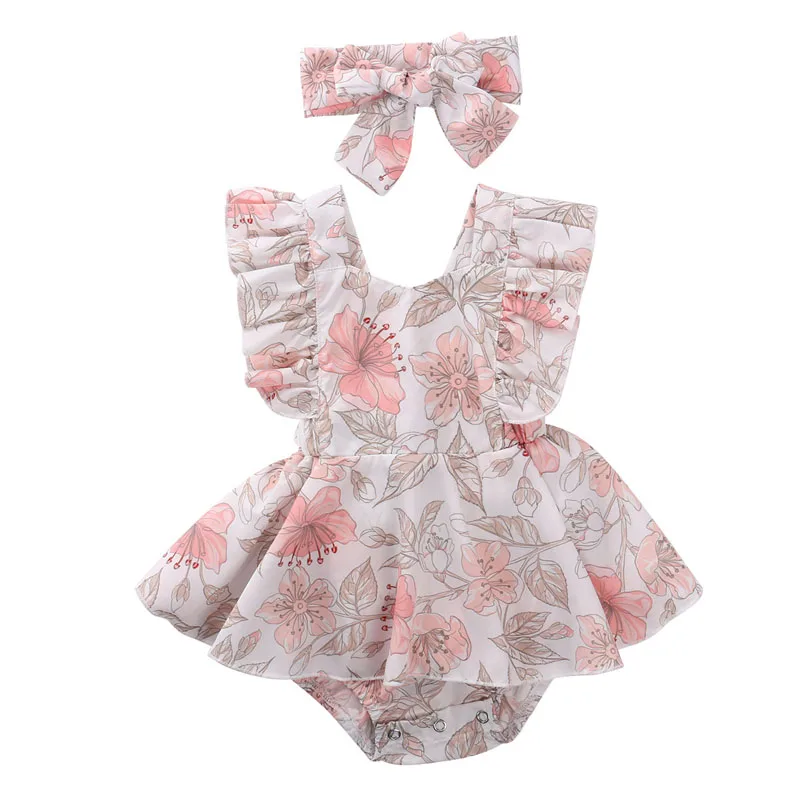 

Pudcoco 2Pcs 0-24M Infant Newborn Baby Girls Summer Casual Floral Print O-Neck Fly Sleeves Romper Jumpsuit with Headwear