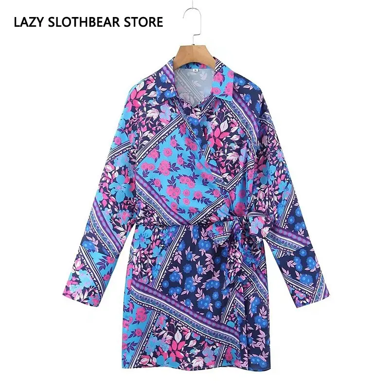 

Женское мини-платье с цветочным принтом, длинным рукавом и бантом