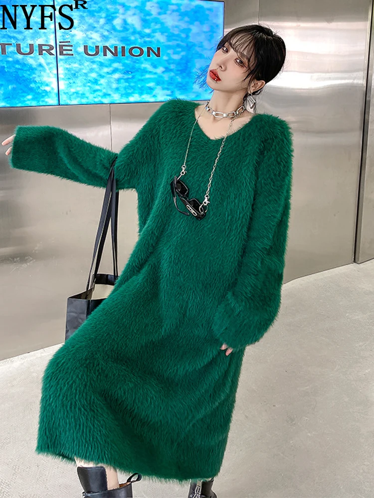 

NYFS 2023 Winter New Korea Woman Dress Vestidos Robe Elbise Loose Plus Size Mink Fleece Solid Sweater Dress