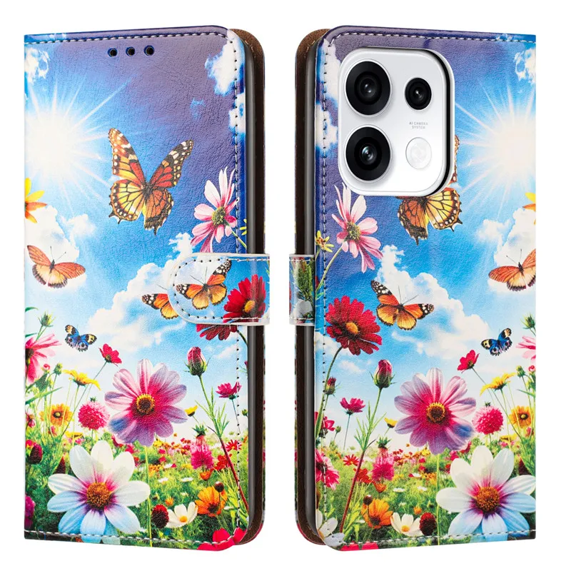 Фото Чехол с рисунком для OPPO Reno 16 16S 16F 15 15F 15C 14 13 F 12F 12 Pro Max 5G 4G, кожаный чехол-книжка с подставкой, милый цветочный дизайн №5