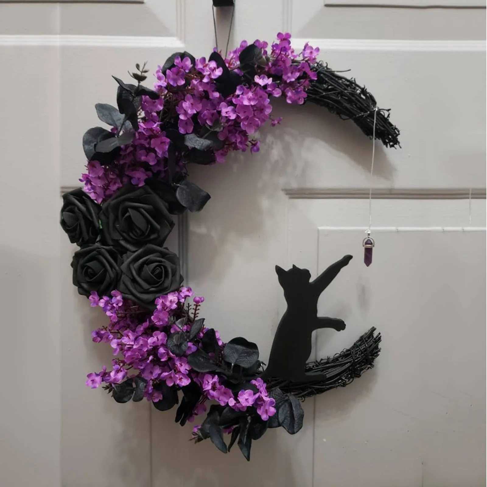 

Curved Moon Black Cat Flower Wreath Door Wall Hanging Pendant Halloween Simulation Plant Vine Ring Garland Home Decoration