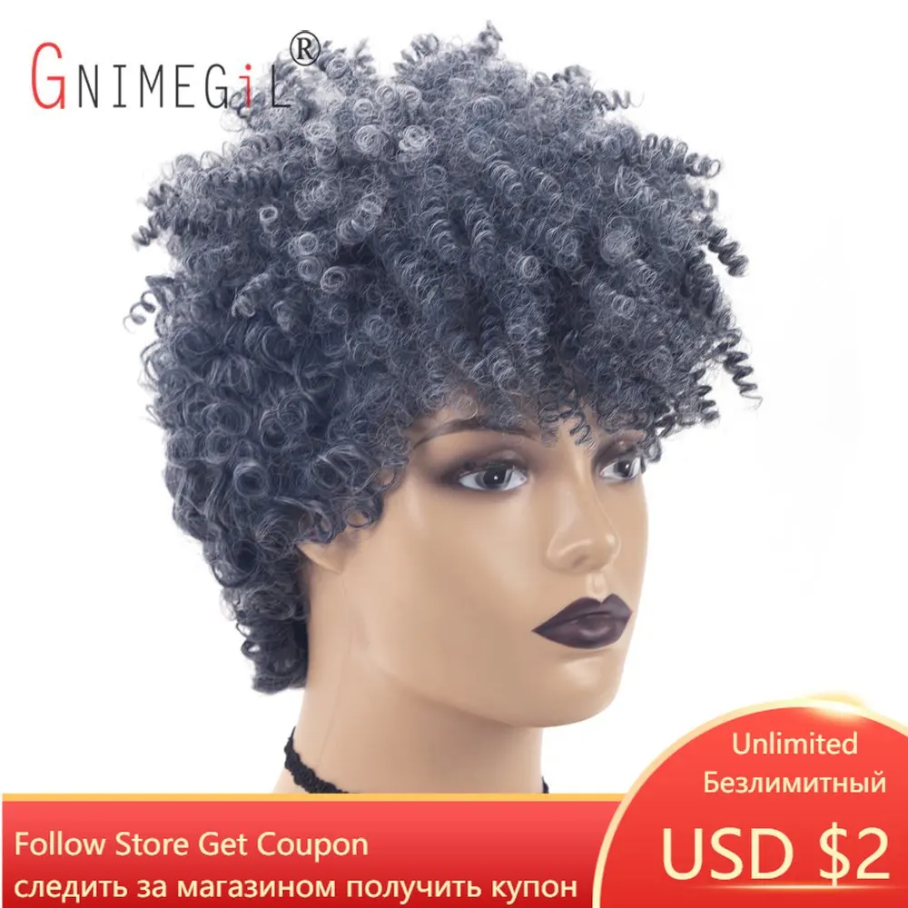 

GNIMEGIL Short Afro Kinky Curly Wig with Bangs Synthetic Hair Grey Wigs for Women Soft Fun Curls Fluffy Hairstyles Cosplay Wig