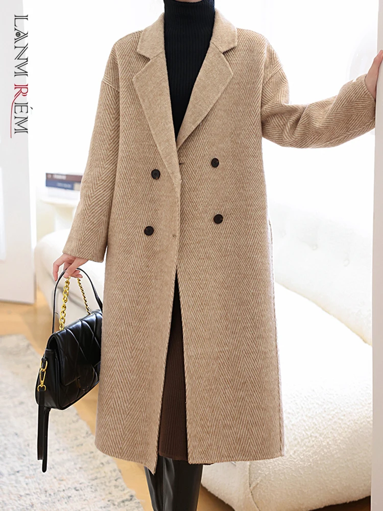 

LANMREM офисный женский шерстяной Длинный блейзер, женское двубортное пальто с отложным воротником, однотонное пальто 2023, зимняя новая одежда 2AA2861