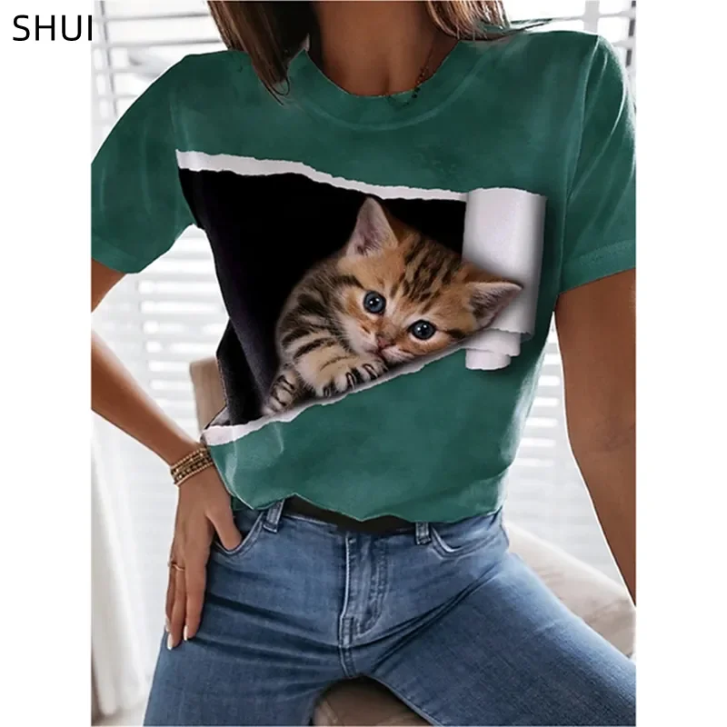 

3D Cat Funny Tee Shirt T shirt Cat Graphic 3D Print Round Neck Basic Tops Clothes For Women Korean Style футболка женски