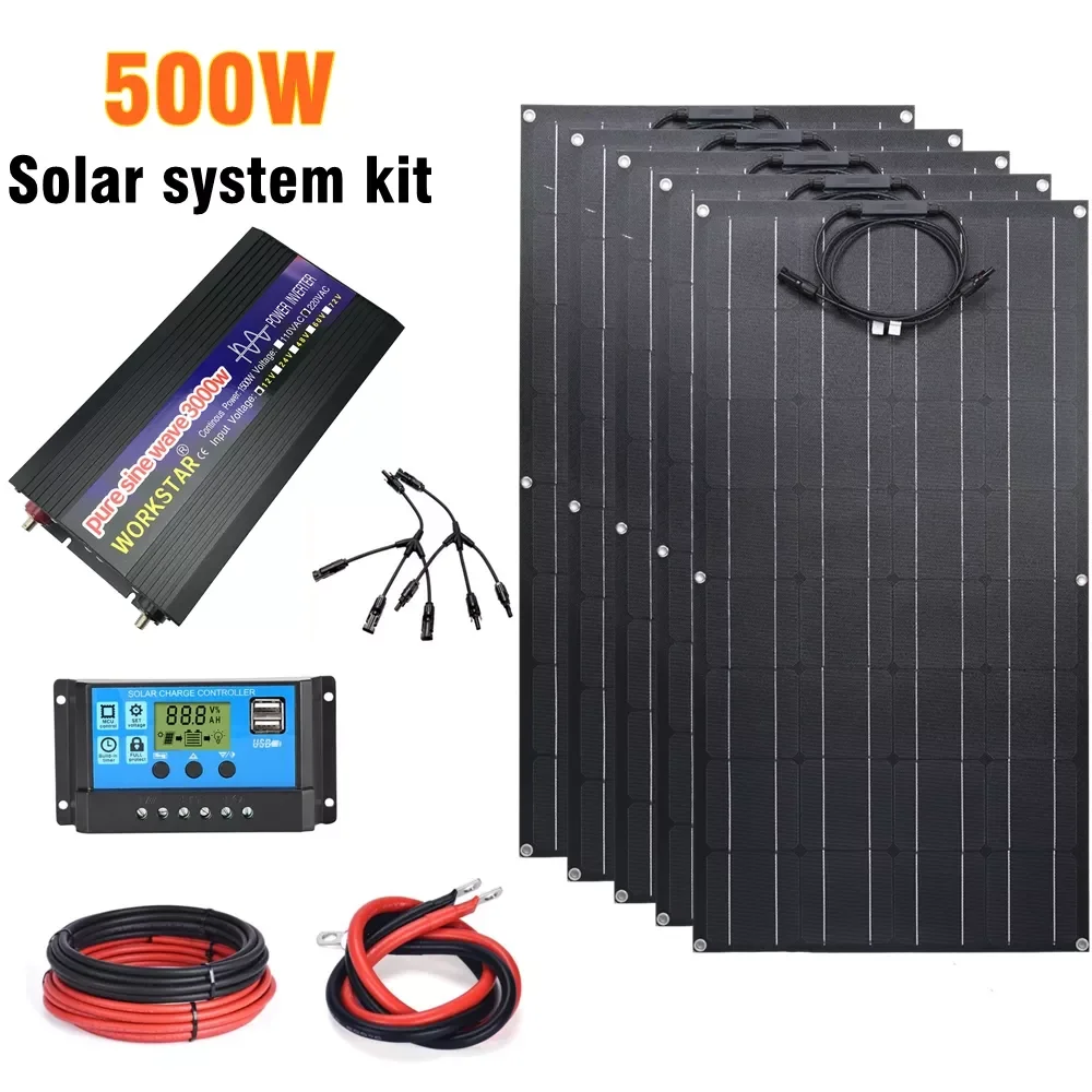 2023NEW 500W Solar System Kit Home Camping Cars Battery Charger 100W ETFE Flexible Solar Panel Complete Off Grid Solar System In