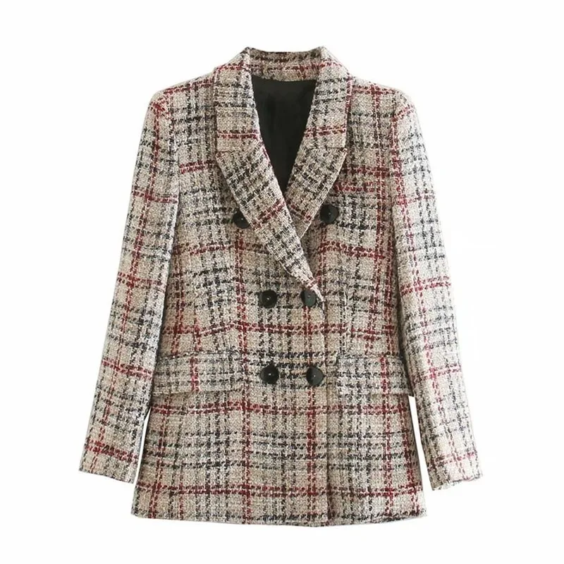 2023 Tweed Plaid Blazer Suit Fashion Contrast Colors Mid Length Coats Women Casual Simple Office Blazer Casual Commute Clothing