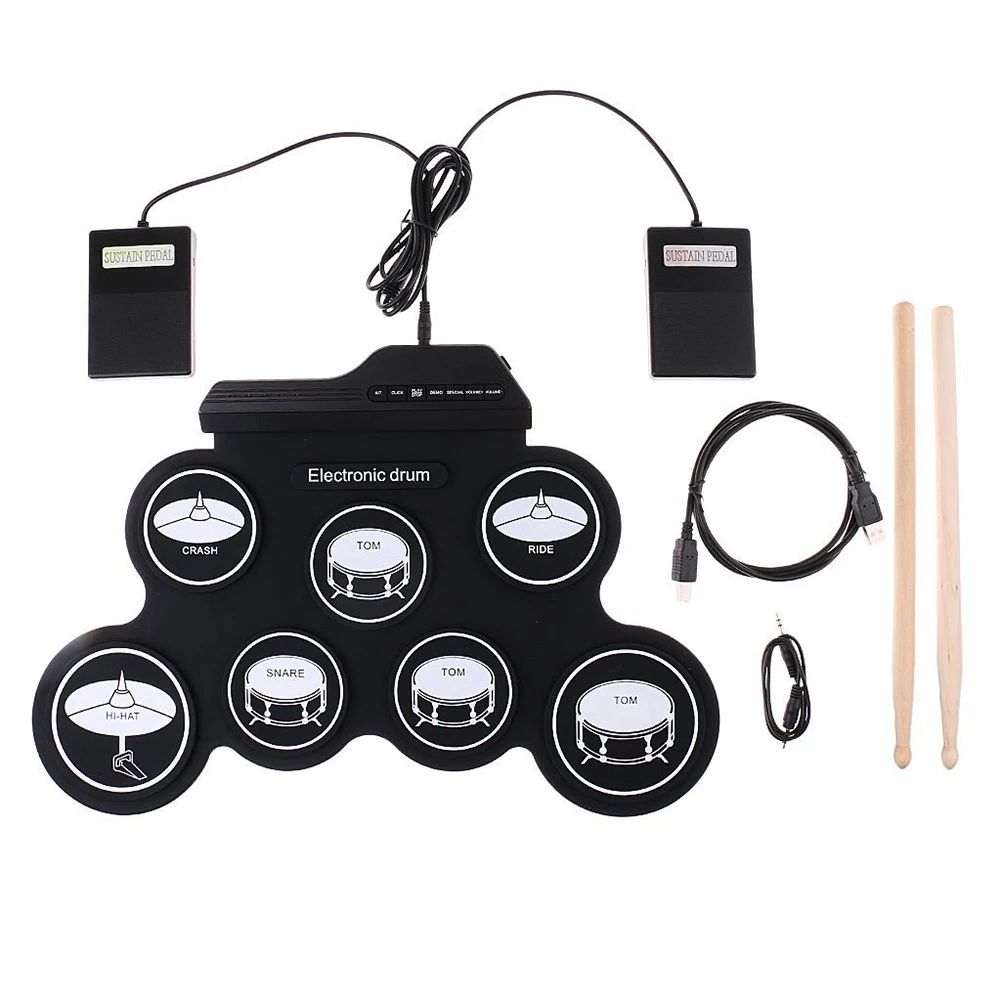 

USB Rechargeable Roll-Up Drum Set Portable Electronic Drum Kit with Drumsticks Foot Pedals for Beginners