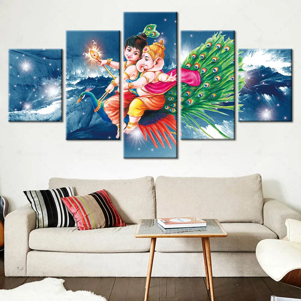 

Artsailing Modern Hinduism Religious Ganesha Shiva and Peacock Poster Inkjet 5 Pieces Canvas Painting Room Decoration Aesthetic