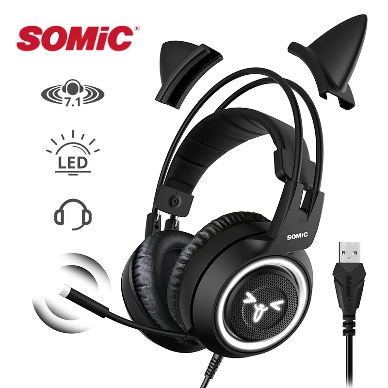 SOMIC G951 LED توهج ضوء القط الأذن سماعة الألعاب سماعة خوذة الاهتزاز السلكية إلغاء الضوضاء USB سماعة ل PS4/PC