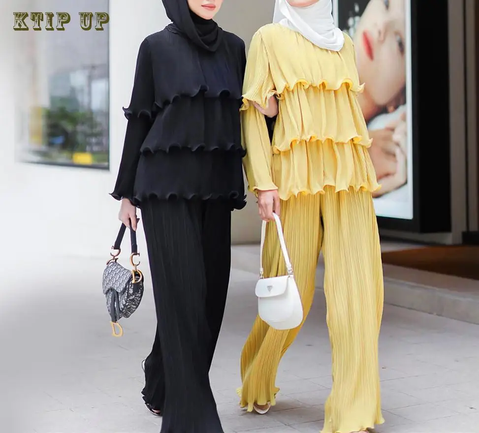 

Dubai Arab Turkiye Muslim Fashion Solid Color Pleated Ruffle Top+Wide Leg Pants Two Islamic African Clothing Modest Clothing