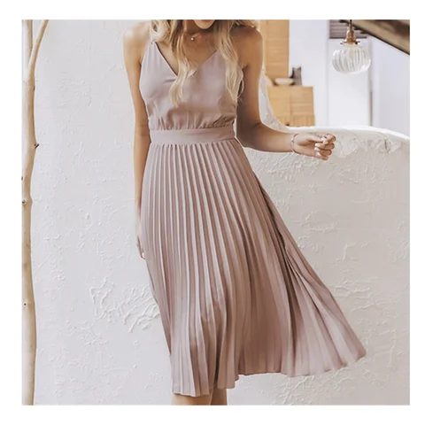 Fashion Women Dresses Sexy Solid Sleeveless V-Neck Suspender Long Dress Pleated Dress Sexy personality unique Comfortable