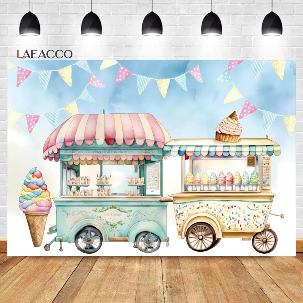 

Laeacco Summer Blue Ice Cream Dessert Trailer Shop Backdrop Sweet Girls Birthday Baby Shower Customized Photography Background