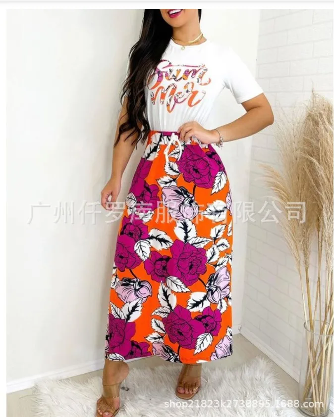 

Women's suit with a skirt set woman 2 pieces 2022 summer new letter print O-neck top & floral skirt suit beach clothes
