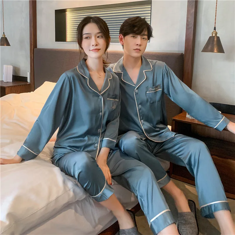 CAIYIER 2022 Luxury Silk Couple Pajamas Set Embroidery Cardigan Lover Nightwear Soft Sexy Family Men & Women Winter Homewear