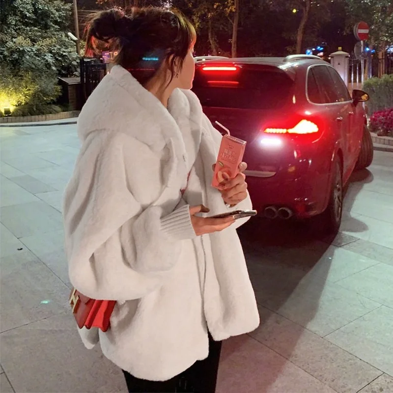 White Faux Fur Jacket Women Hood High Quality Fur Coat Oversized Loose Long Sleeve Zipper Korean Fashion Clothing for Women 2021