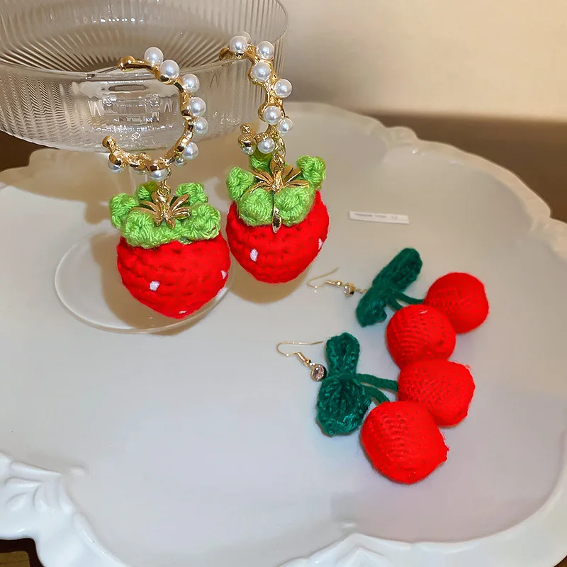 

Minar Cute Romantic Knitted Cloth Strawberry Cherry Earring for Women Faux Pearl Rhinestones Simulation Fruit Long Drop Earrings