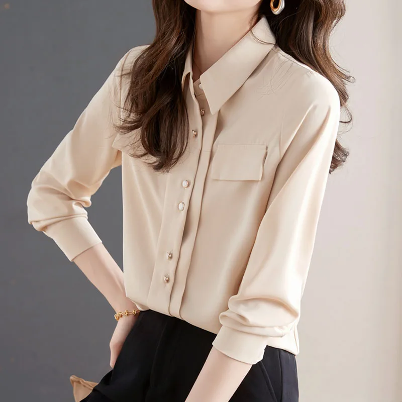 Женская рубашка модная однотонная элегантная офисная женская на пуговицах