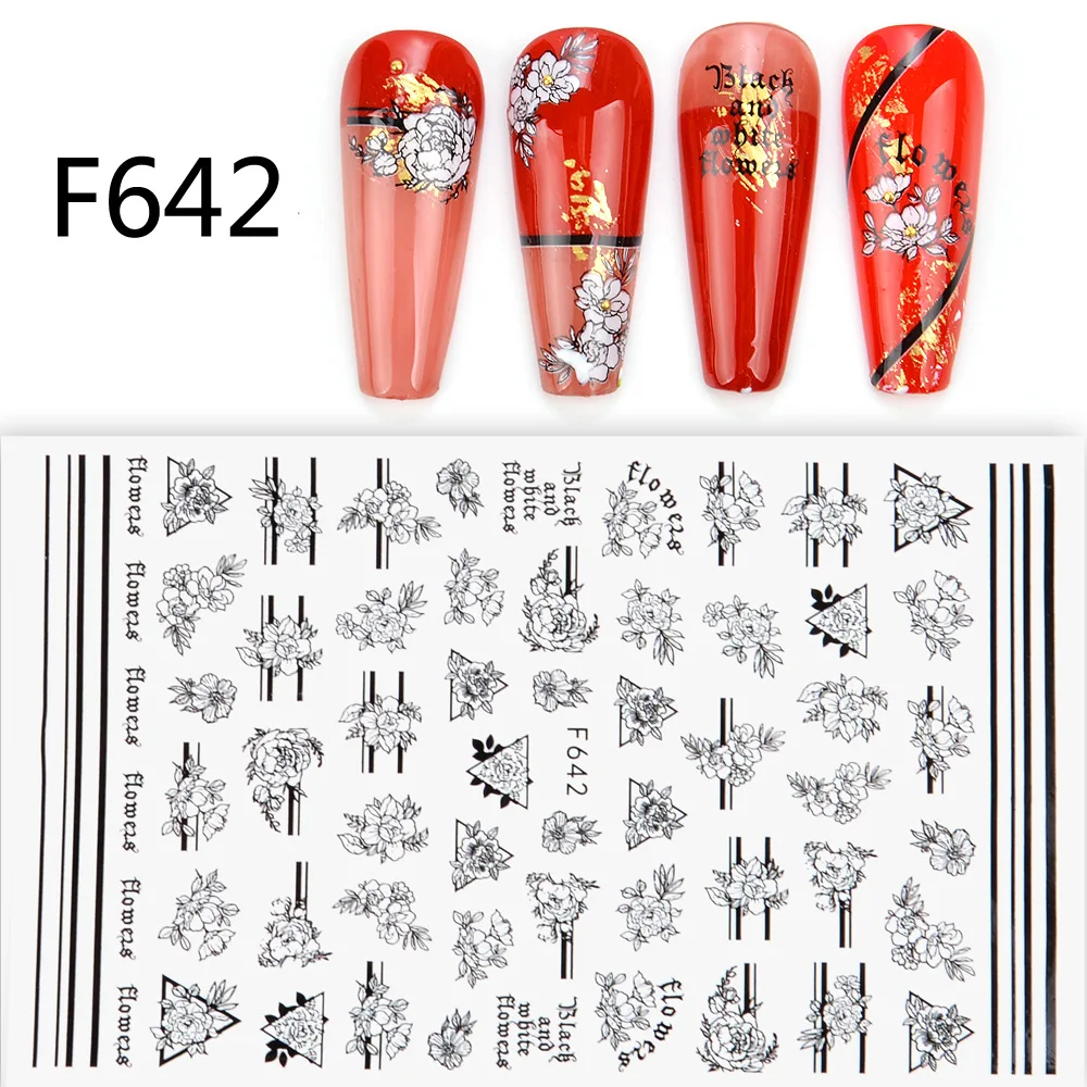 Black and White Love Flowers Line Art 3D Stickers Nail Decals Nail Art Accessories Butterfly Rose Nail Stickers Nail Sliders