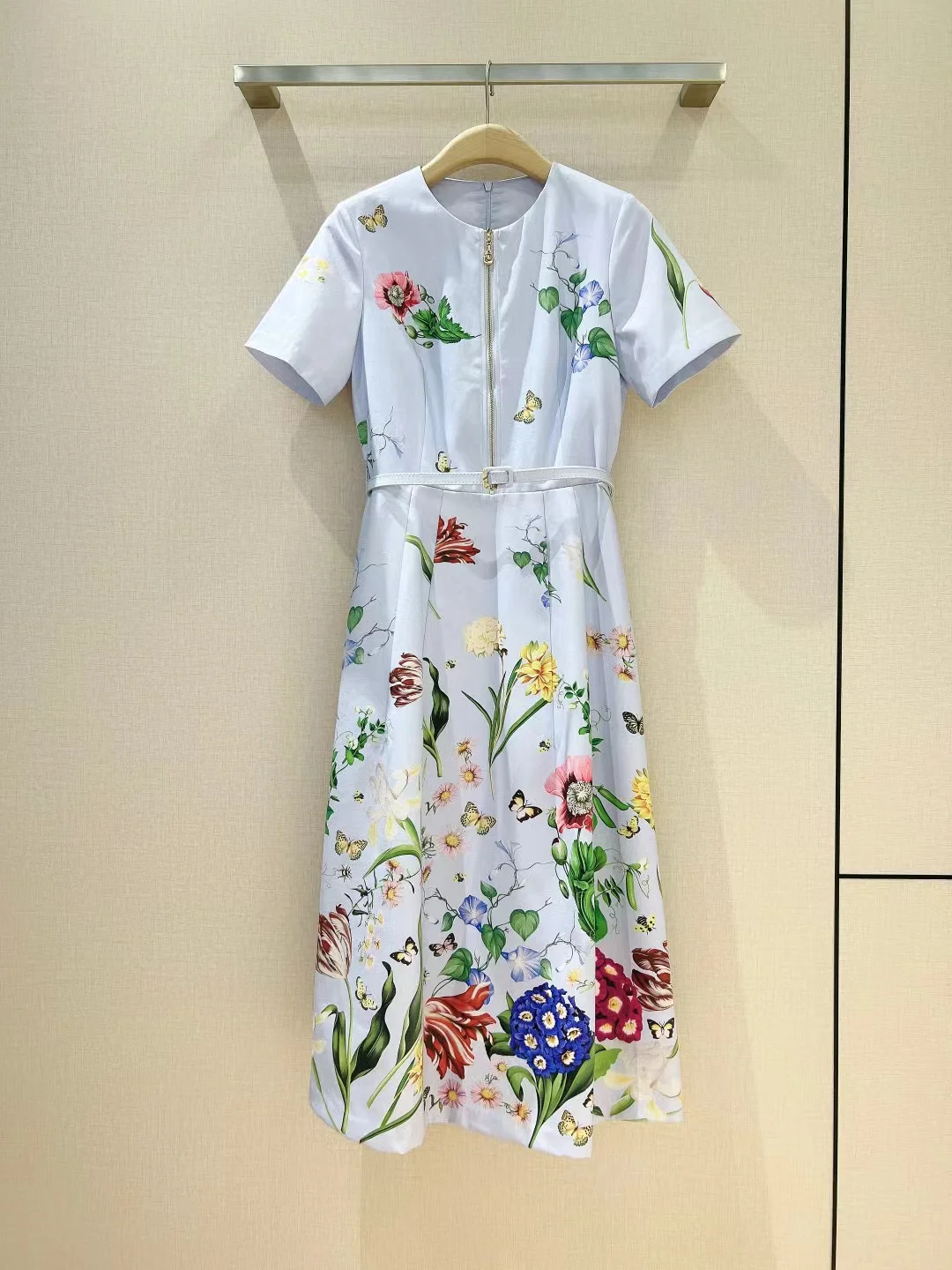 Fyion Fashion Runway 2022 Summer Midi Dress Women Flower Printed Short Sleeves Holiday Party Top Belt Light Blue Dress
