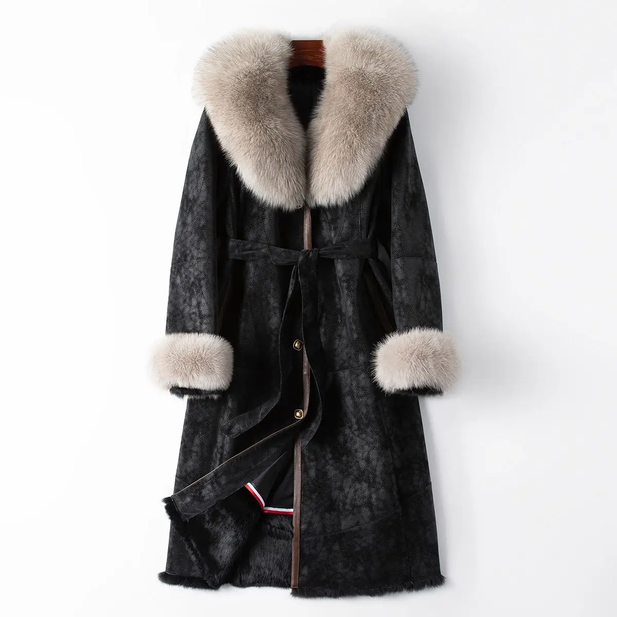 

2023 Winter New fashion Genuine Leather Grass Rabbit Fur Integrated Fox Fur Collar Women's Long Coat