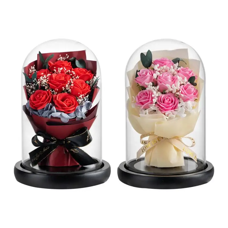 

Eternal Rose With Glass Dome Forever Rose Flower Artificial Bouquet Soap Gift Valentine Day Mother's Day Gift For Wife Mother