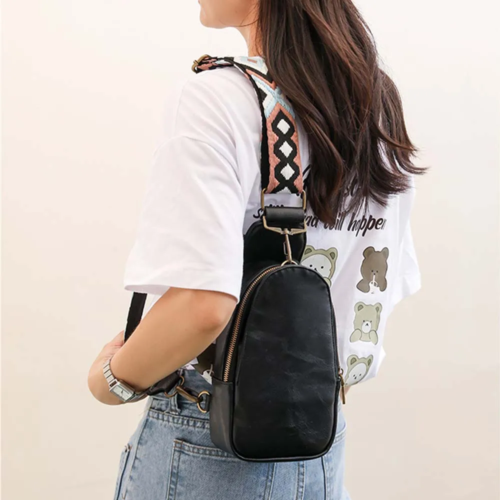 Vegan PU Leather Sling Bags Women Fashion Versatile Guitar Strap Crossbody Chest Bag Female Casual Vintage Boho Fanny Packs