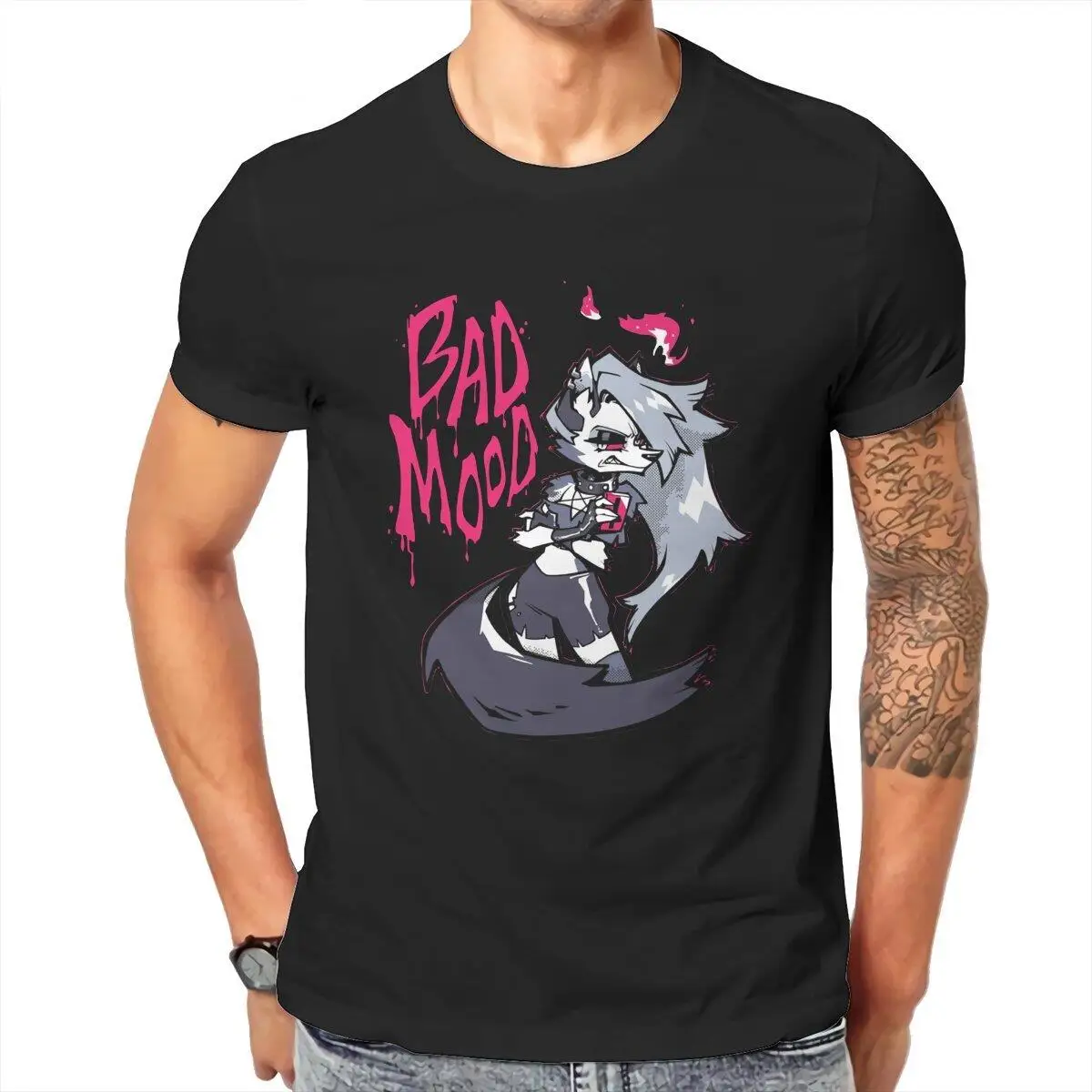 Helluva Boss Loona Bad Mood T-Shirt for Men Anime Funny 100% Cotton Tee Shirt Round Neck Short Sleeve T Shirt Plus Size Clothing
