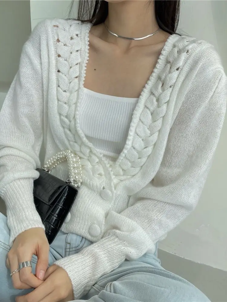 

HziriP Women Sweaters Hot Solid Vintage Autumn Thin Soft OL High Street 2022 Stylish Minimalist Casual Cardigans Knitwear Coats