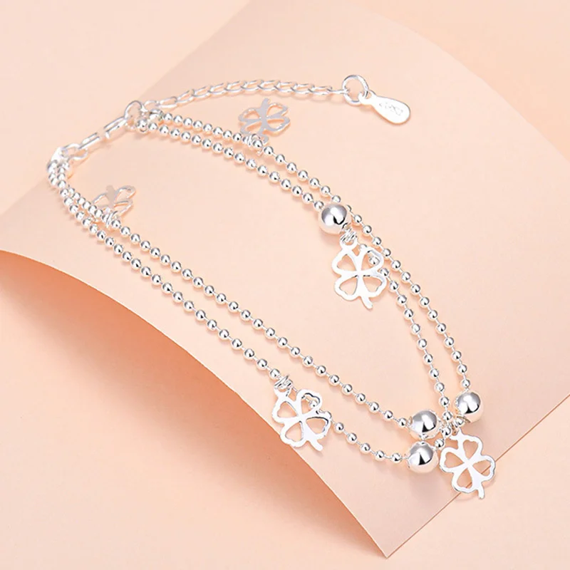 

S925 Sterling Silver Double Layer Lucky Grass Bracelet For Women Fashion Simple Round Beads Jewelry Girl Classic Accessories