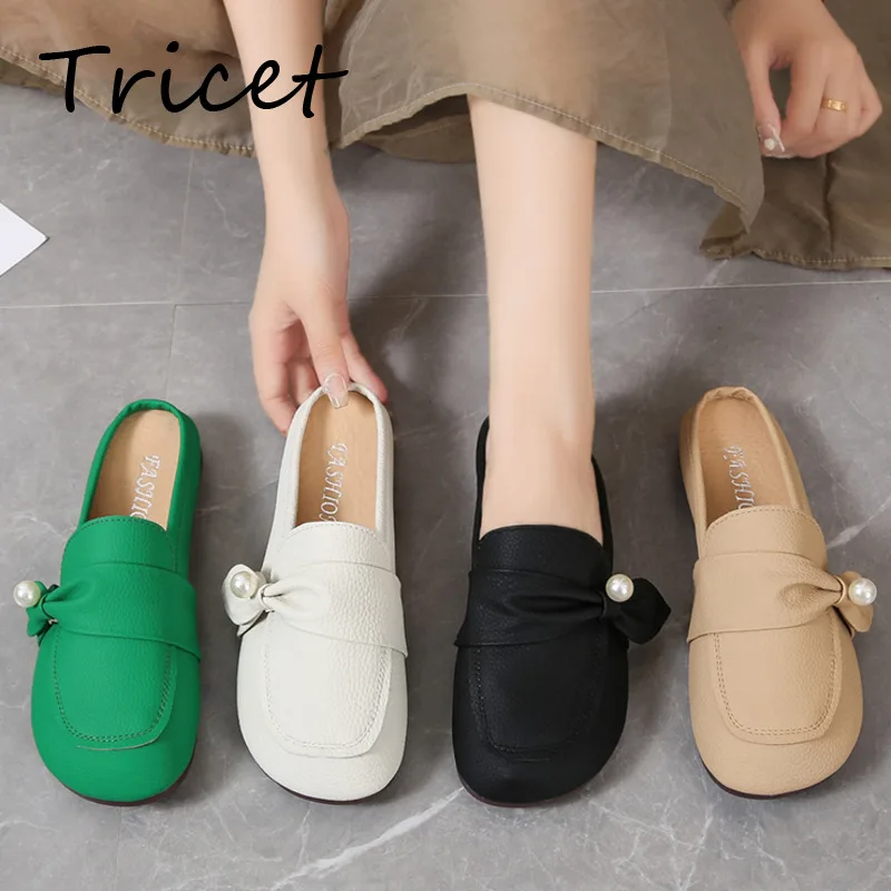 

New Office Lady Slingback Shoes 2022 Female Pearl PU Leather Shoes Elegant Flats Shoes For Women Slip On Casual Slippers Mules