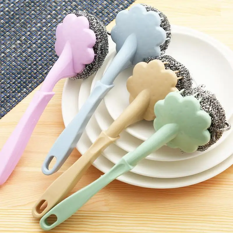 

Long Handle Stainless Steel Wire Ball Brush Kitchen Hanging Cleaning Brush Pan Kitchen Dish Handle Washing Tool For Kitchen