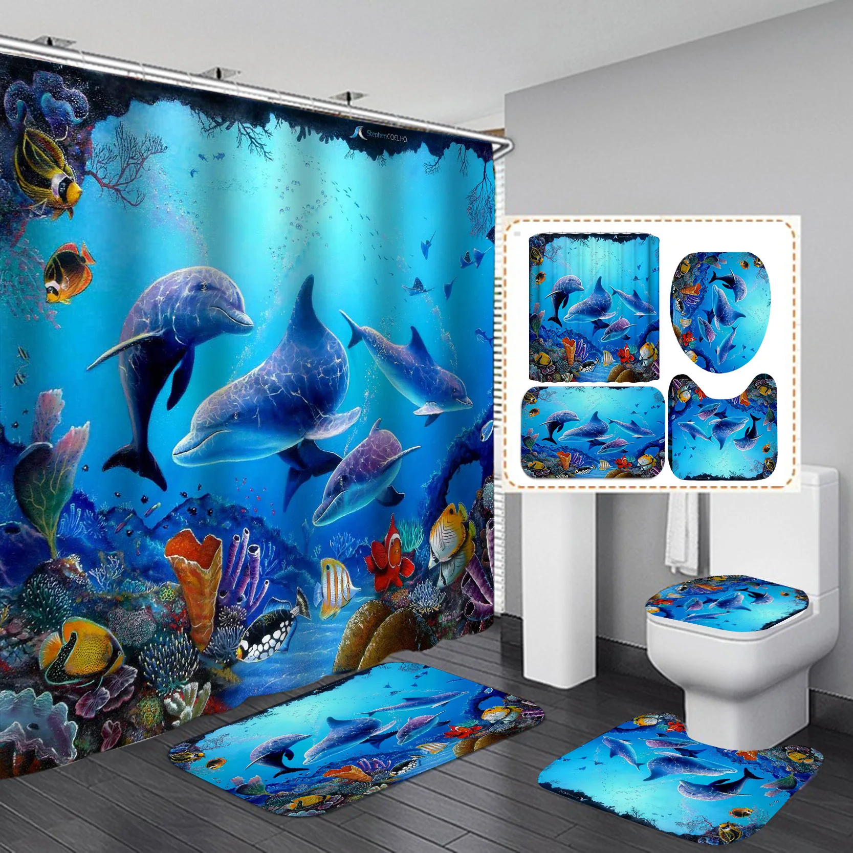 

Ocean Underwater World Cheerful Dolphin 3D Printing Waterproof Shower Curtain with Rug Toilet Cover Bath Mat Set Bathroom Decor