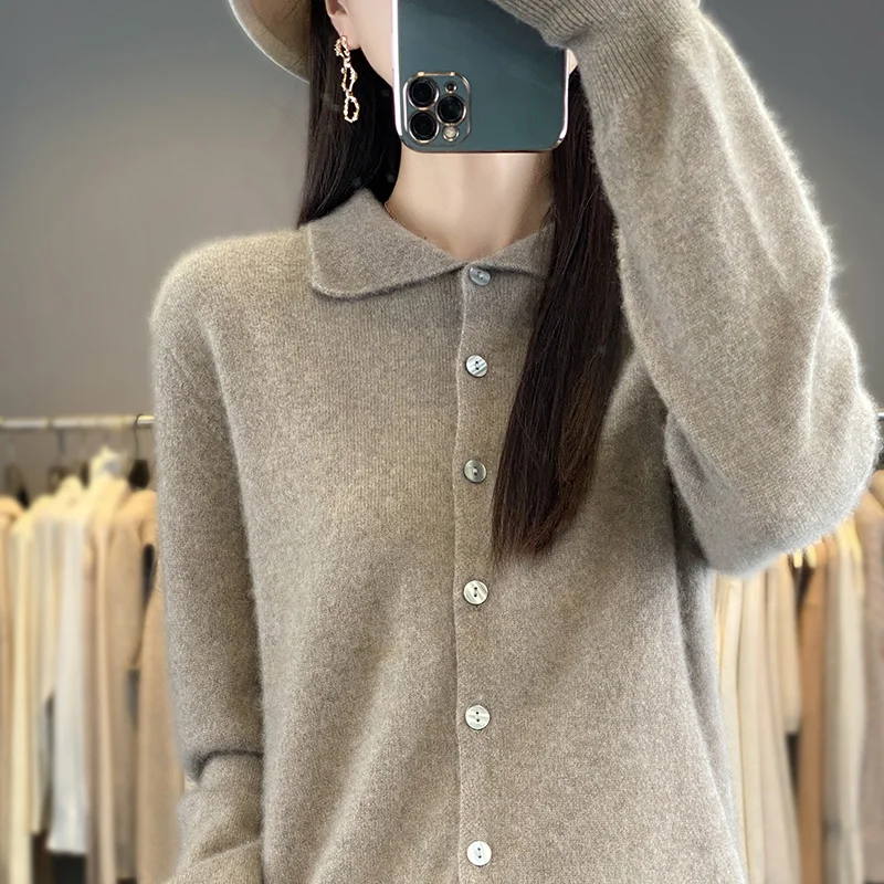 Осенне-зимний новый женский свитер кардиган с воротником поло из 100% мериносовой
