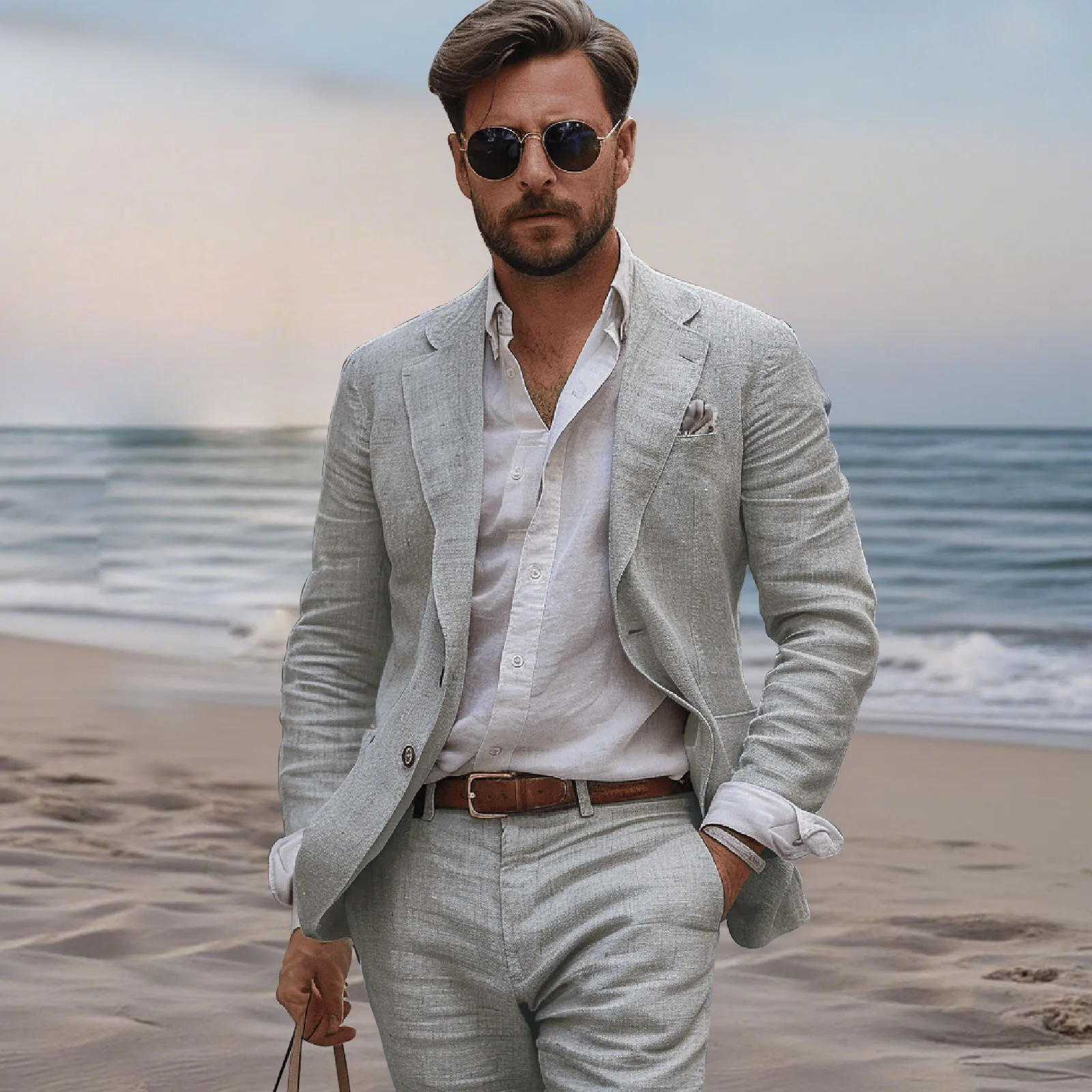 Фото Льняные повседневные костюмы для мужчин Slim Fit Летний пляжный однотонный костюм Смокинг Trajes Para Hombre Ensembles De Blazers Мужские костюмы на заказ №5