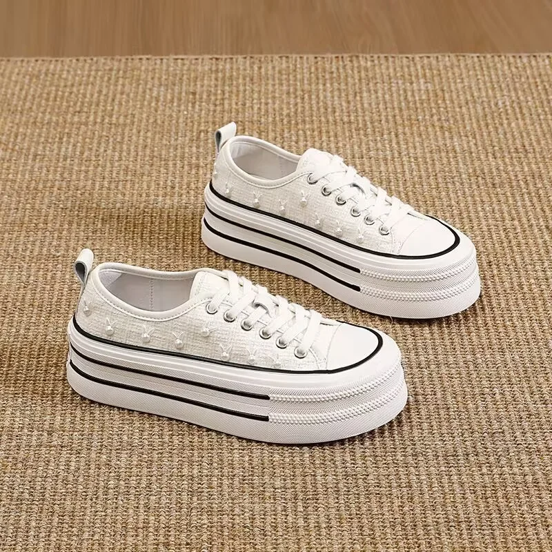 

White pearl handmade custom low top thick soled waterproof platform canvas shoes casual all-size women 35-40